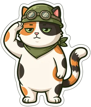 The cat in a helmet giving a deadpan salute