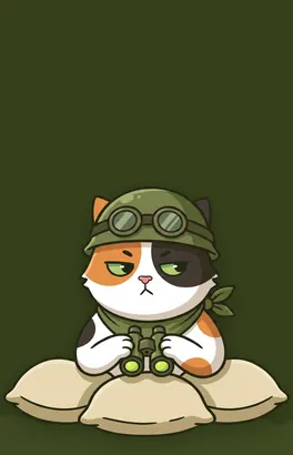 The cat behind sandbags, holding binoculars
