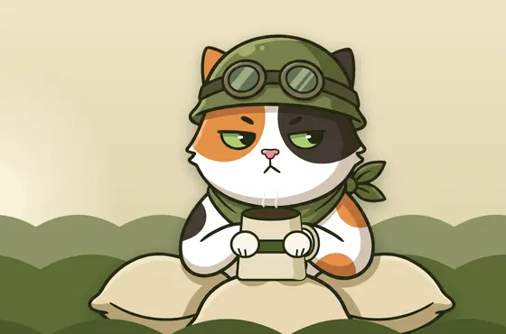 Dawn in the trenches. The calico cat in a helmet and green bandana peeks over sandbags holding a steaming mug of coffee.