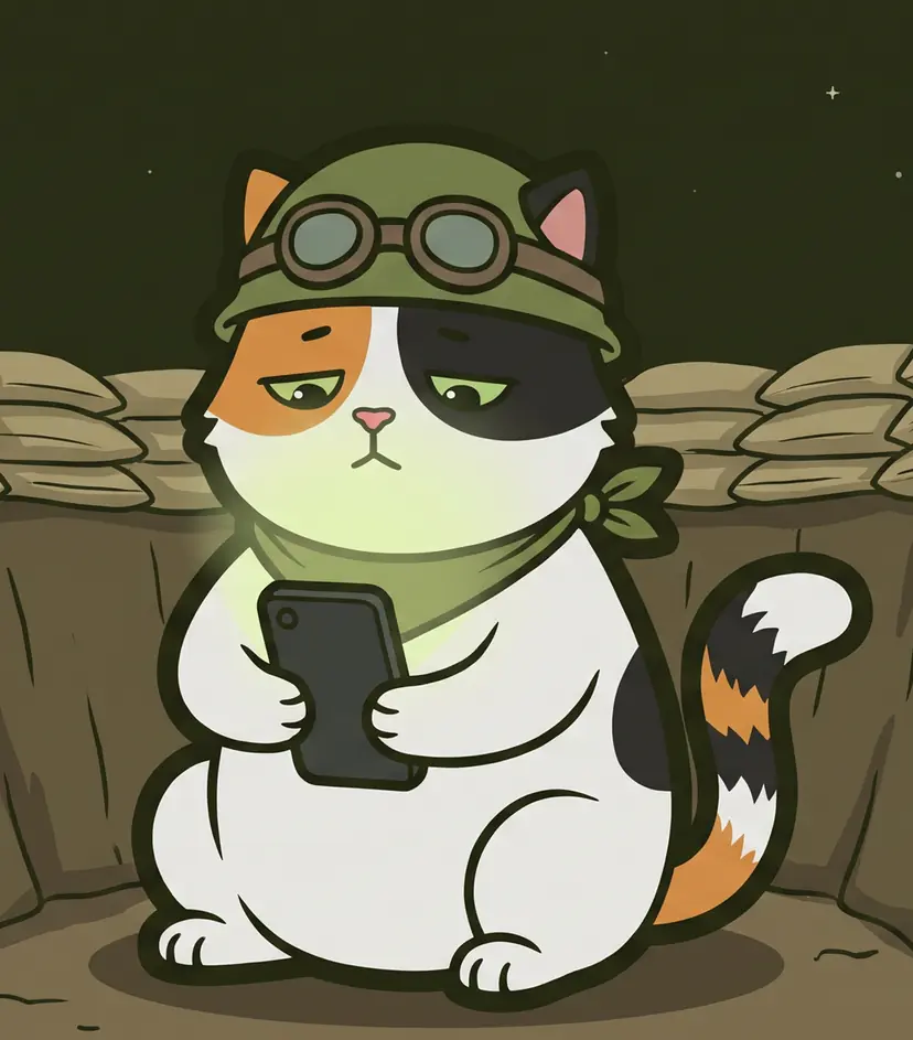 Night in the trenches. The TrenchPals calico cat, in an olive helmet with goggles and a green bandana, sits between sandbag walls, lit only by the phone in their paws. AI-generated image.